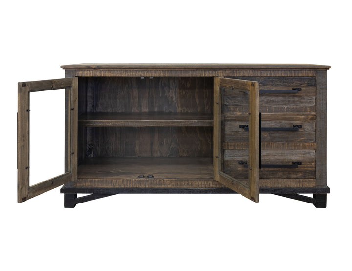 Buffet Loft de 152 cm (60 po) avec 3 tiroirs et 2 portes, bicolore gris et marron.