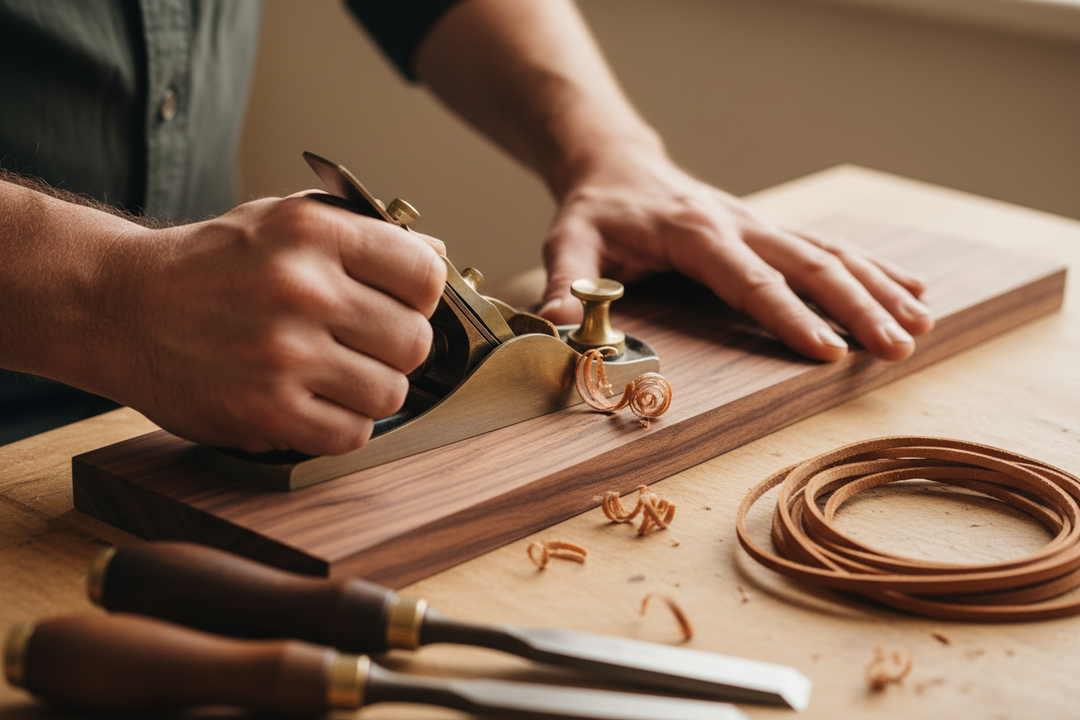 A close‑up of skilled hands working with high‑quality furniture materials, focusing on precision, tools, and textures. Soft lighting, clean composition, no visible workshop or factory environment.
