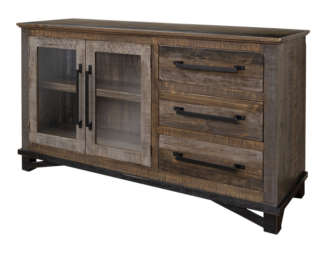Buffet Loft de 152 cm (60 po) avec 3 tiroirs et 2 portes, bicolore gris et marron.