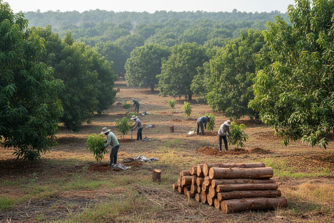 Less wood in the foreground; only 1 stack slightly off to the side, Show workers planting new saplings among responsibly harvested sections.